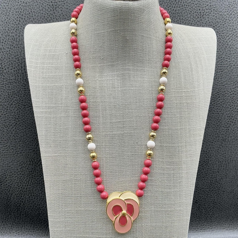 Napier Necklace Pink Beaded Flower Pendant Gold Tone 22 In Womens Statement